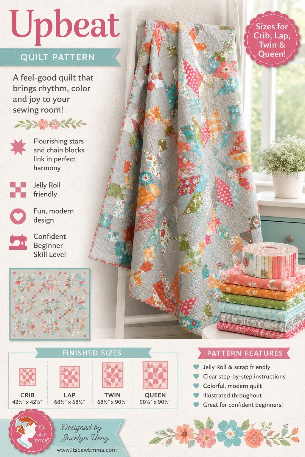 Upbeat Quilt Pattern – Jelly Roll Friendly, Modern Star Blocks (Printed Paper)