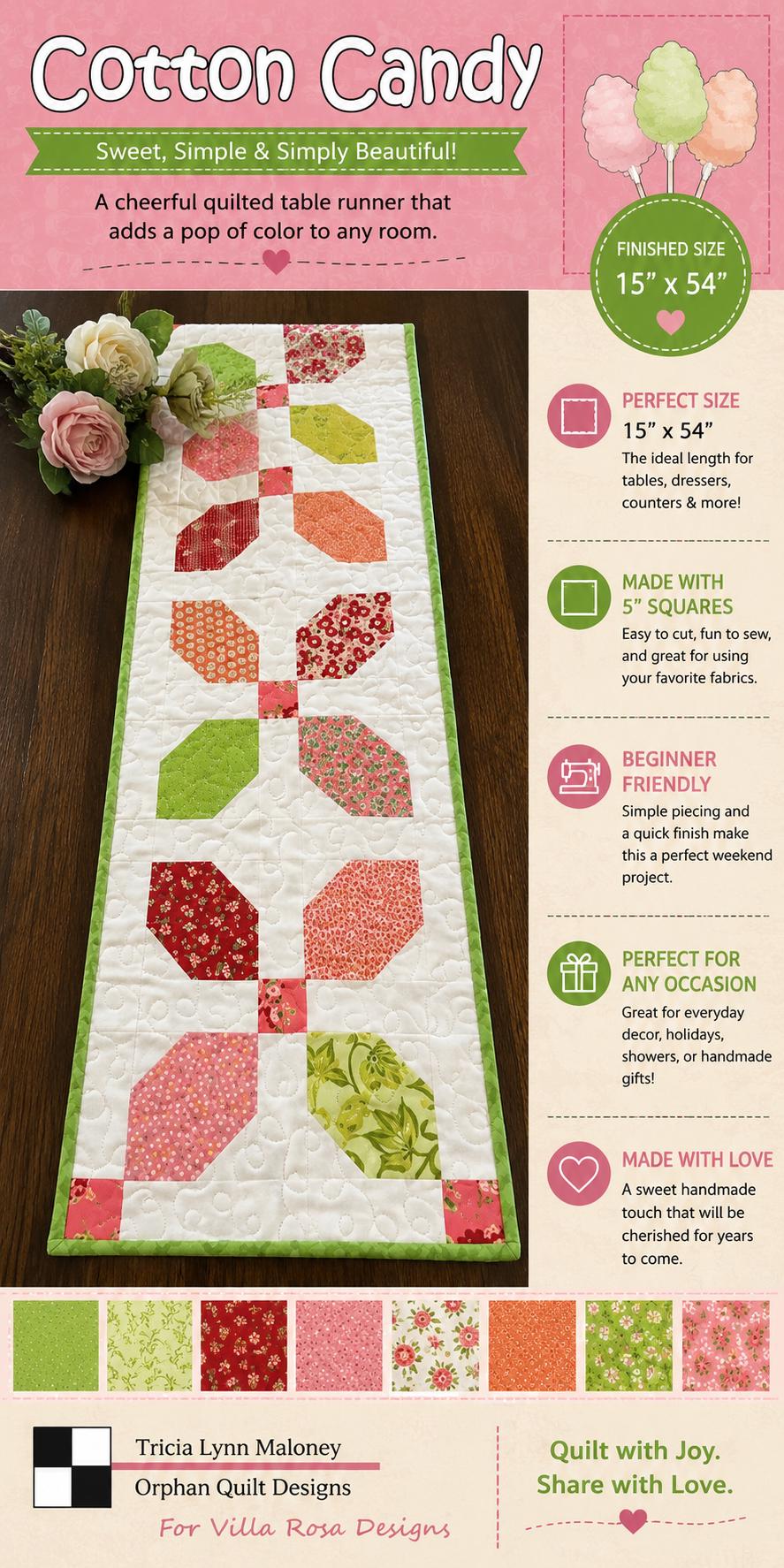 Cotton Candy Quilt Pattern - Sweet Colorful Table Runner Quilt - Villa Rosa Designs - easy beginner