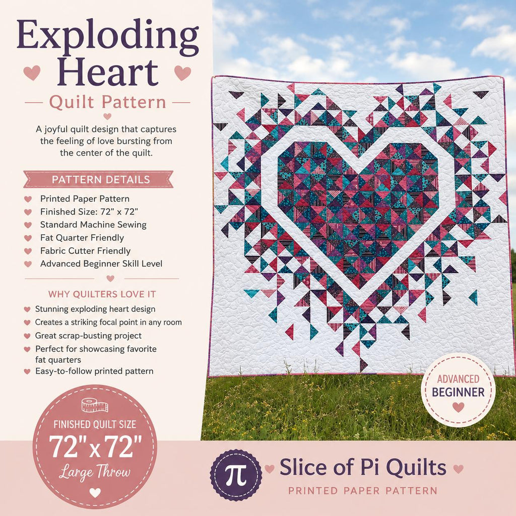 Exploding Heart Quilt Pattern – 72in Square, Advanced Beginner, Printed Paper