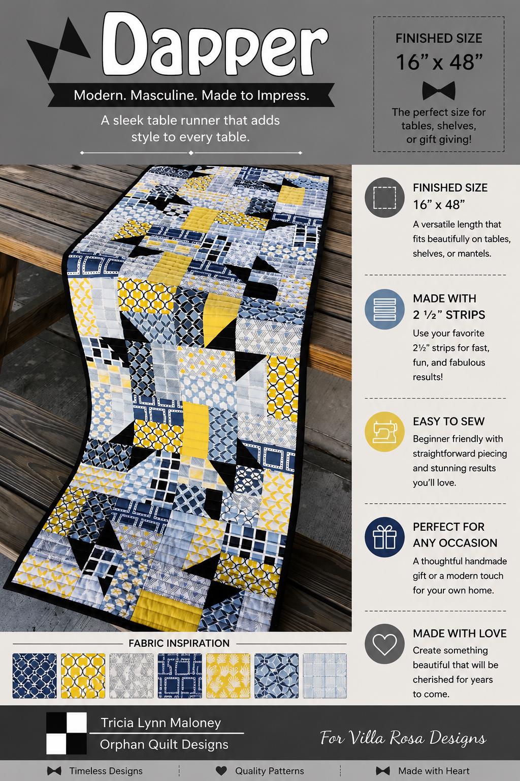 Dapper Quilt Pattern - Modern Geometric Table Runner Quilt - Villa Rosa Designs - easy beginner