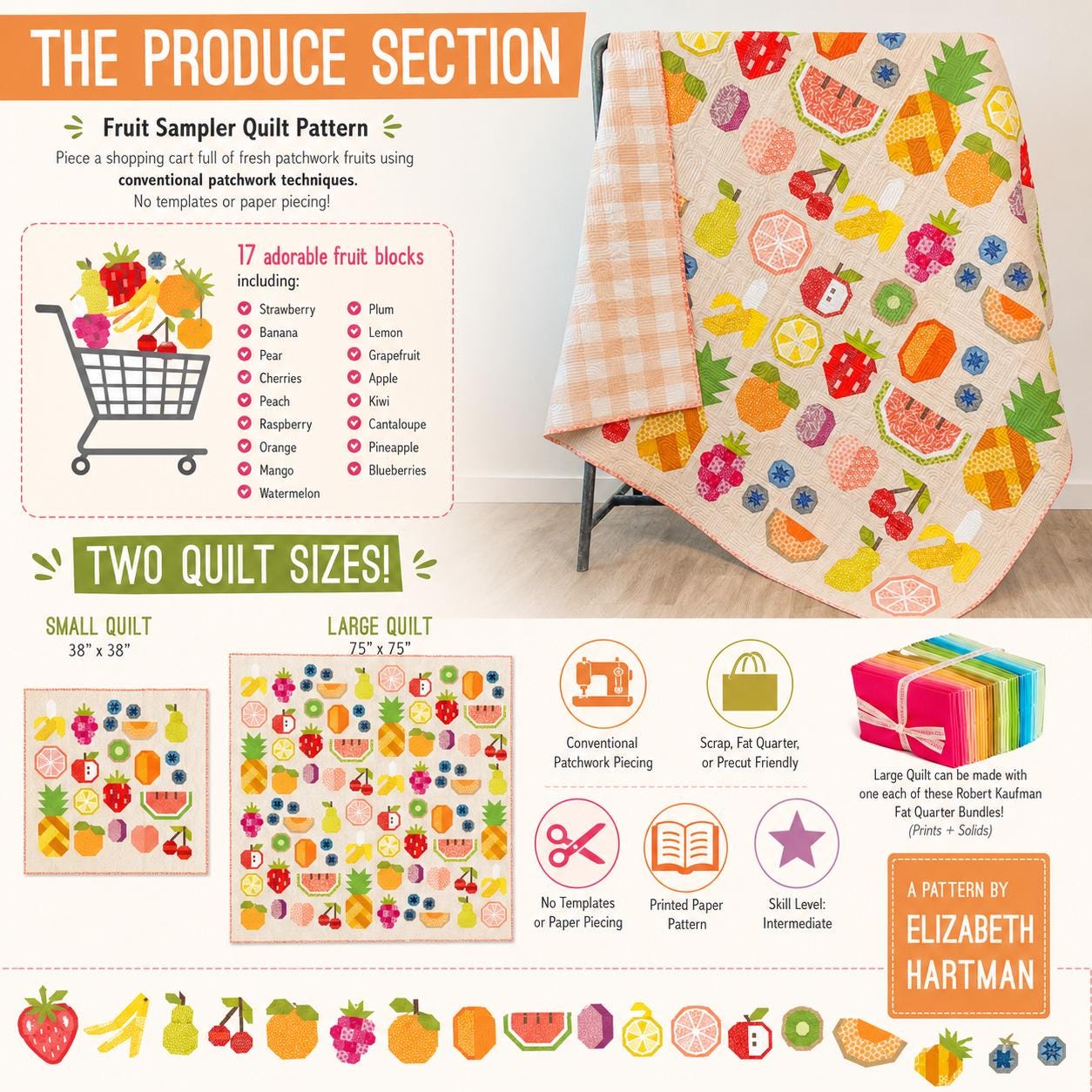 Elizabeth Hartman - The Produce section quilt - Quilt pattern EH 070 chart - NEW - 2 sizes - Modern - fruit store