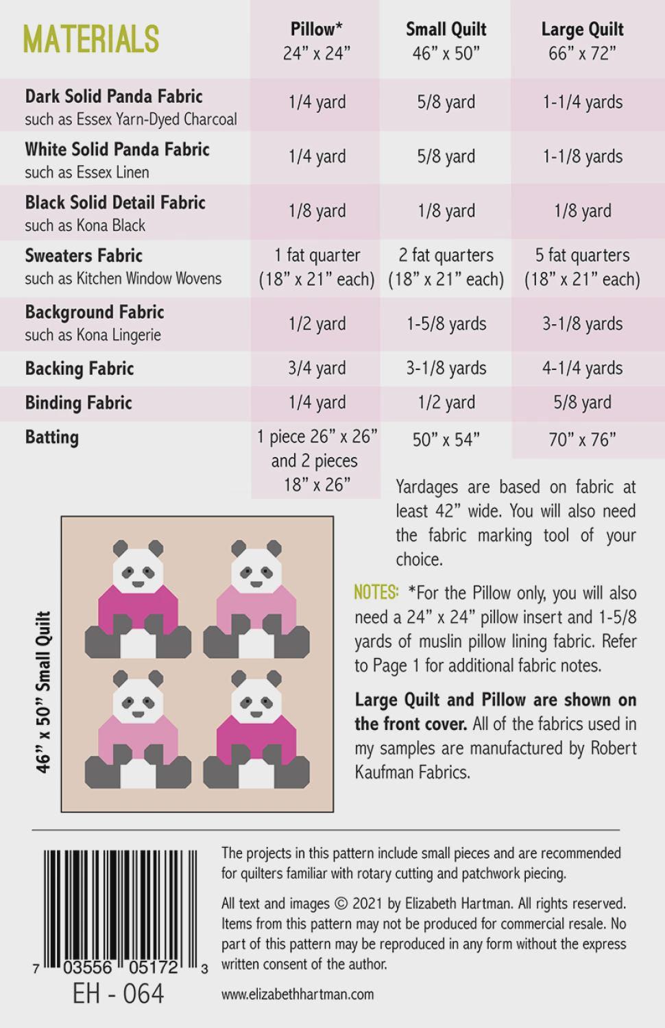Pandas in Sweaters Quilt and Pillow Pattern – Elizabeth Hartman EH 064