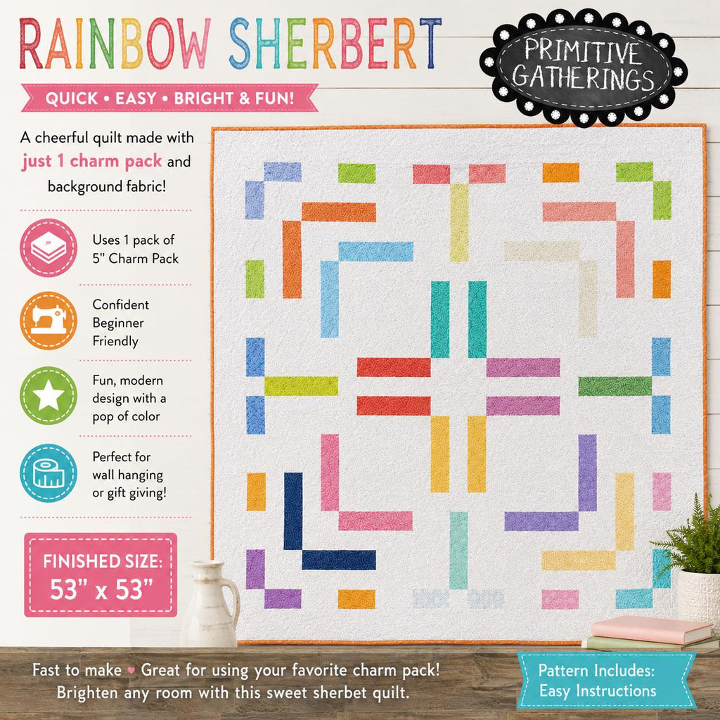 Primitive Gatherings - Rainbow Sherbert quilt - Quilt pattern chart - NEW - scrappy - beginner