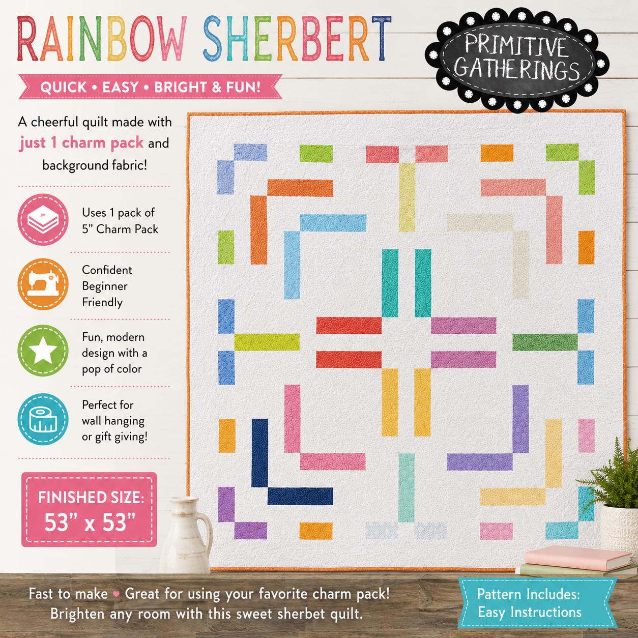 Primitive Gatherings - Rainbow Sherbert quilt - Quilt pattern chart - NEW - scrappy - beginner