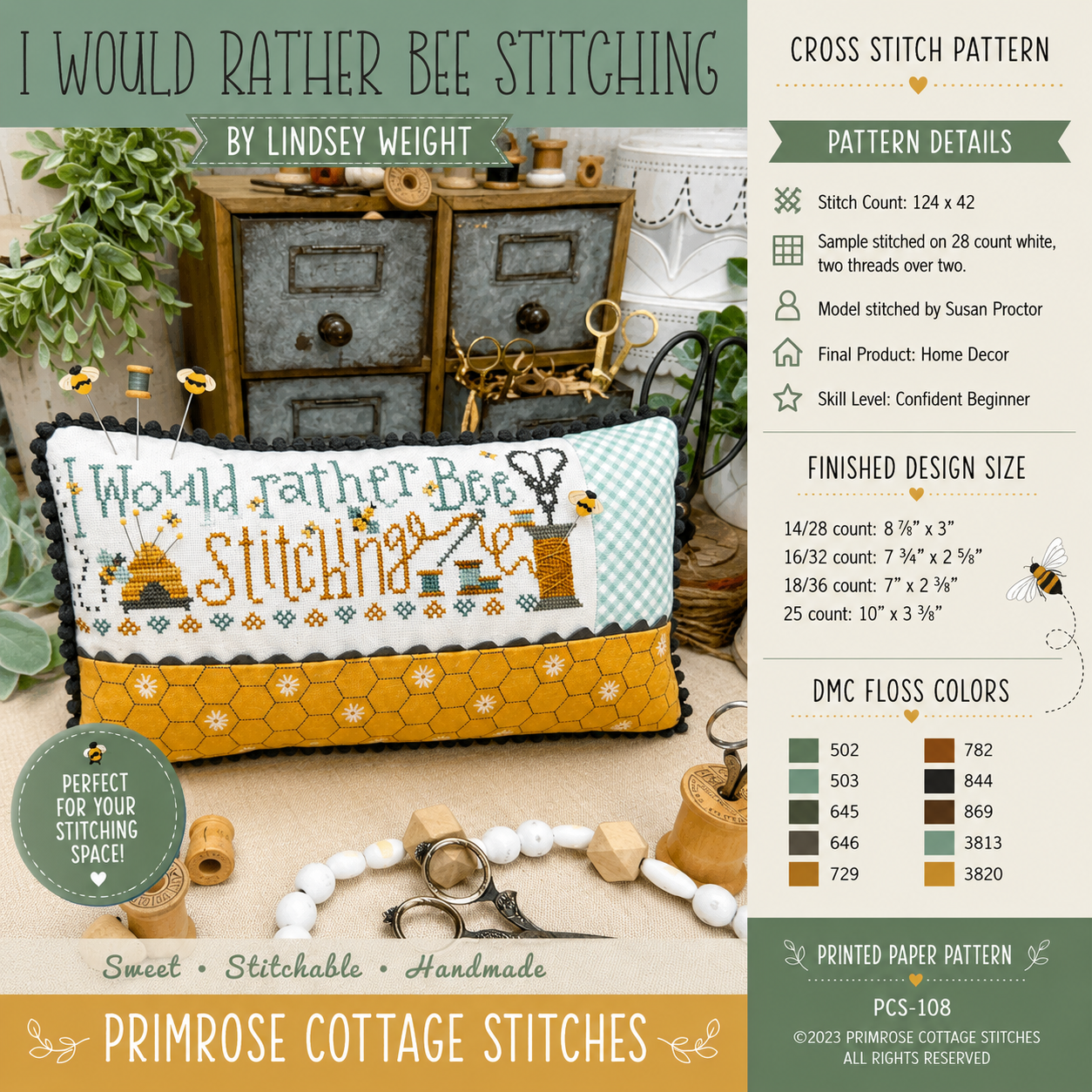 I would rather bee stitching Cross Stitch Pattern | Primrose Cottage Stitches | Printed Paper Chart | Bee Sampler | Farmhouse Decor | Confident Beginner