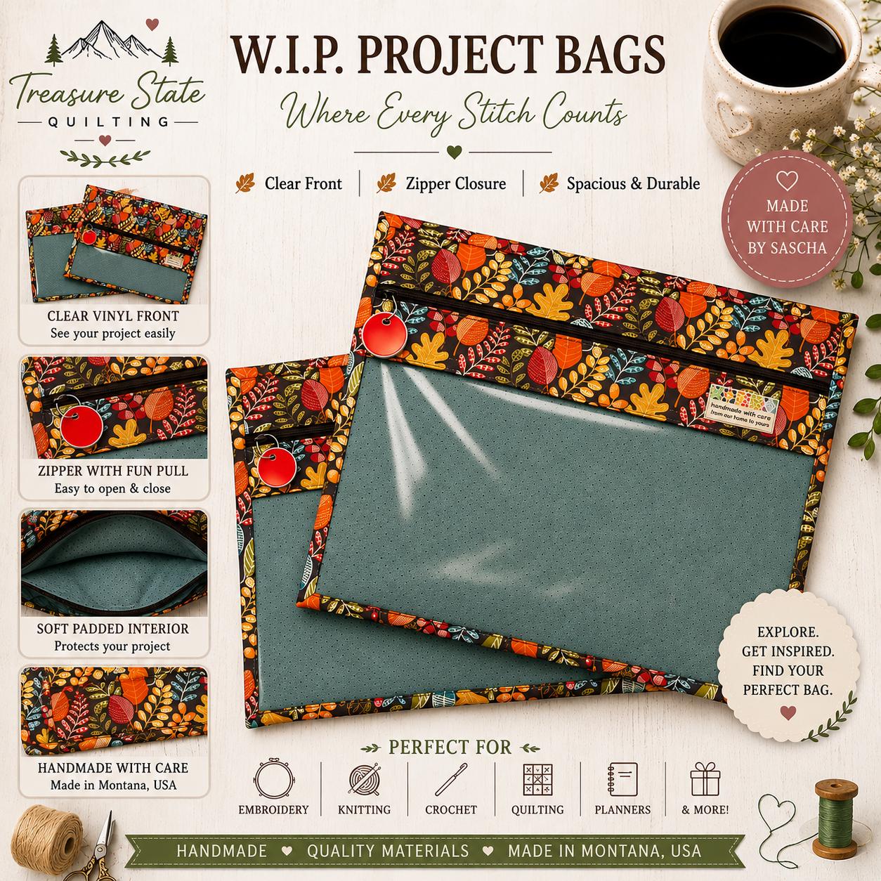 Cross Stitch Project Bag - Autumn Leaves - Standard Bag
