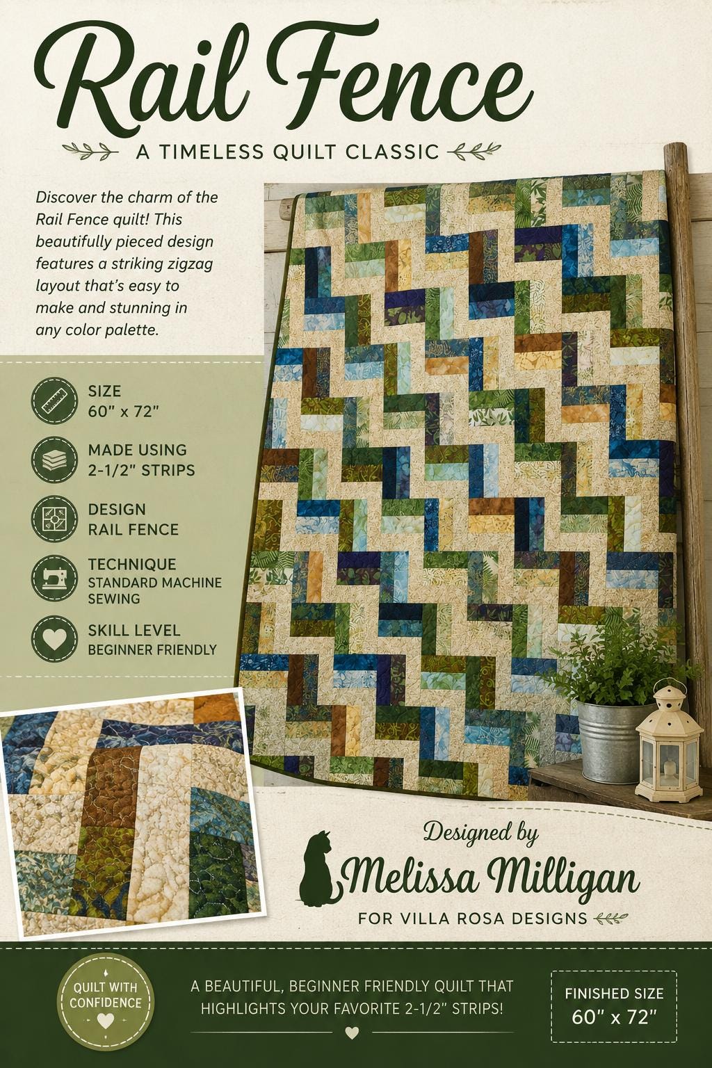 Rail Fence Quilt Pattern – Melissa Milligan for Villa Rosa Designs, Rustic Patchwork Quilt
