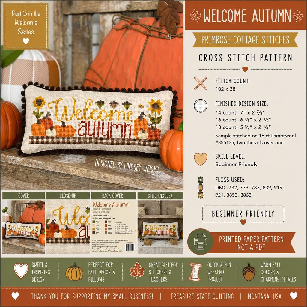 Welcome Autumn Cross Stitch Pattern | Primrose Cottage Stitches | Printed Paper Chart | Fall Cross Stitch | Pumpkin Pillow Pattern
