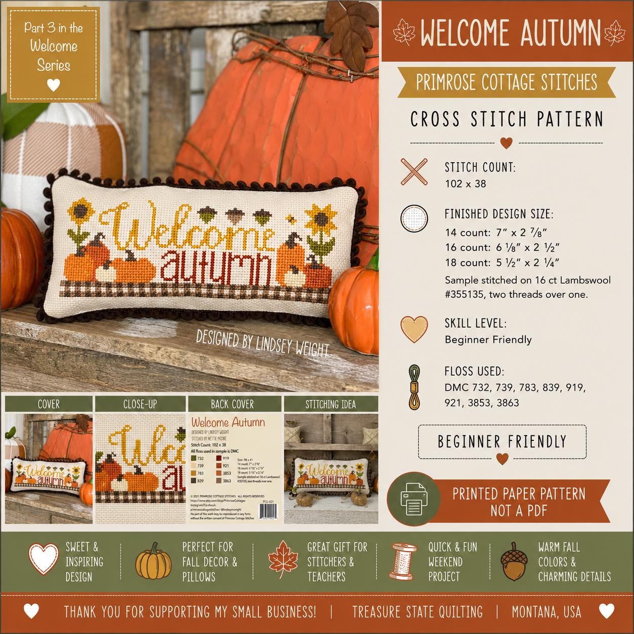 Welcome Autumn Cross Stitch Pattern | Primrose Cottage Stitches | Printed Paper Chart | Fall Cross Stitch | Pumpkin Pillow Pattern