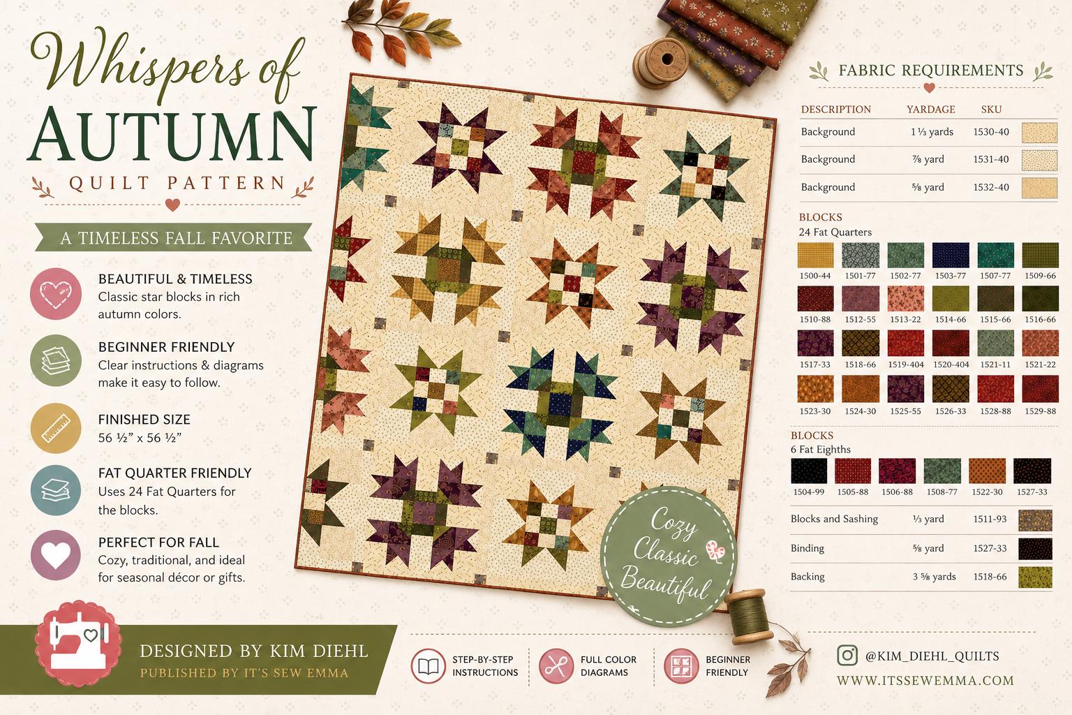 Kim Diehl - Whispers of Autumn quilt - Quilt pattern ISE 290 chart - NEW - 56.5" square - scrappy Primitive - beginner