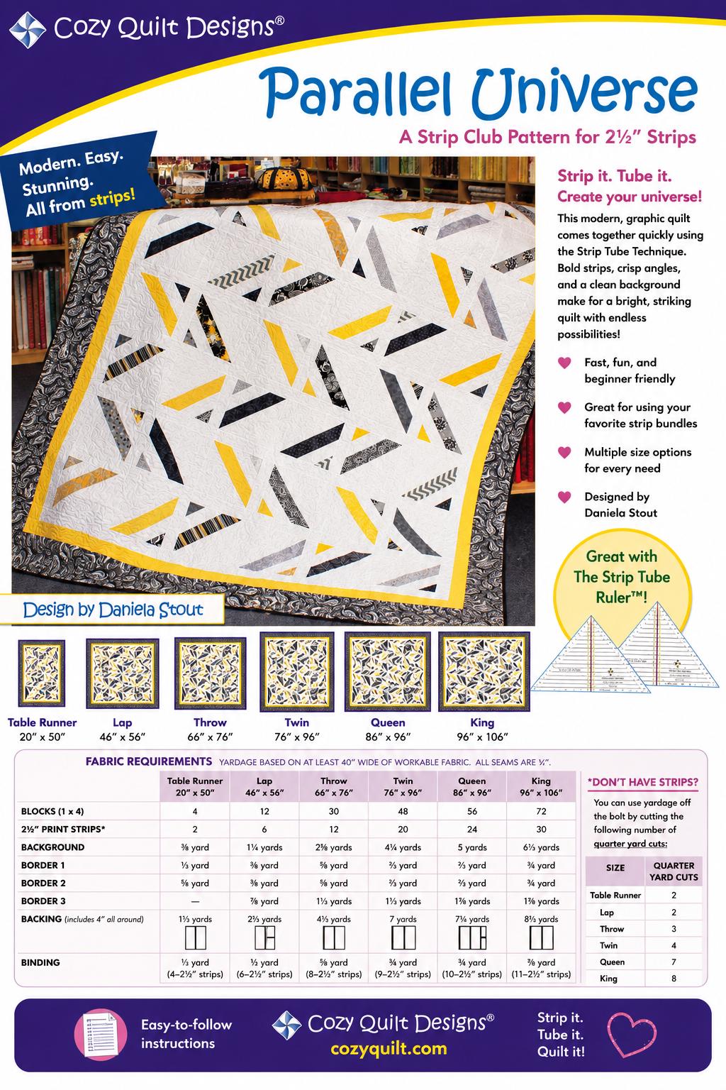 Cozy Quilt Designs - Parallel Universal Quilt Pattern - Layer cake friendly in 6 sizes - Beginner
