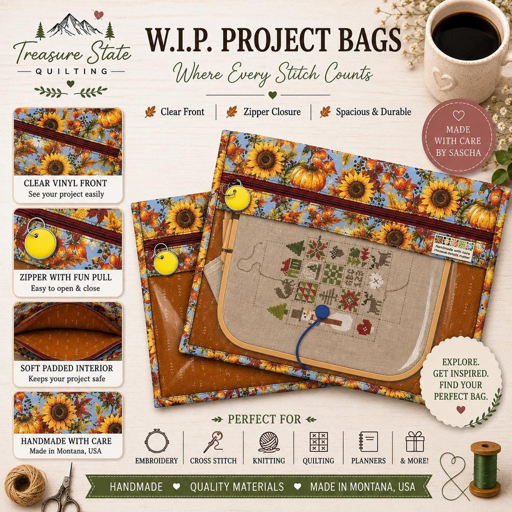 Cross Stitch Project Bag - Autumn Sunflowers and Pumpkins - Standard Bag