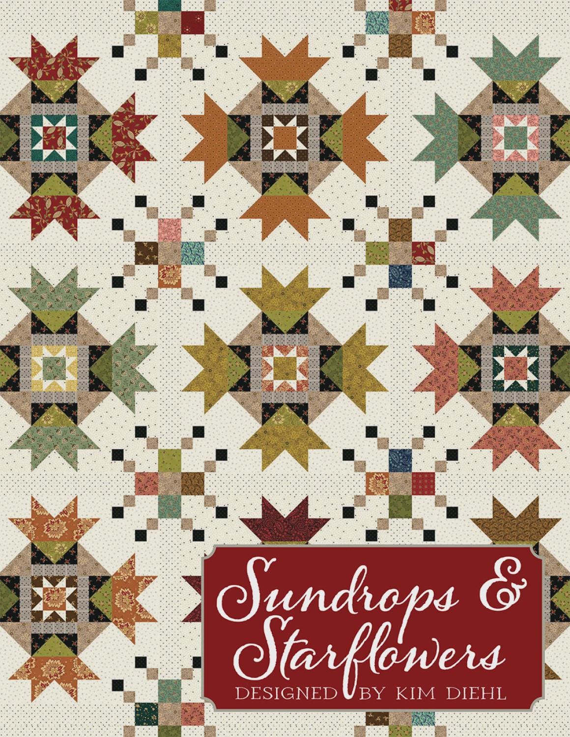 Kim Diehl - Sundrops and Starflowers quilt - Quilt pattern ISE 278 chart - 66.5" square - scrappy Primitive - beginner