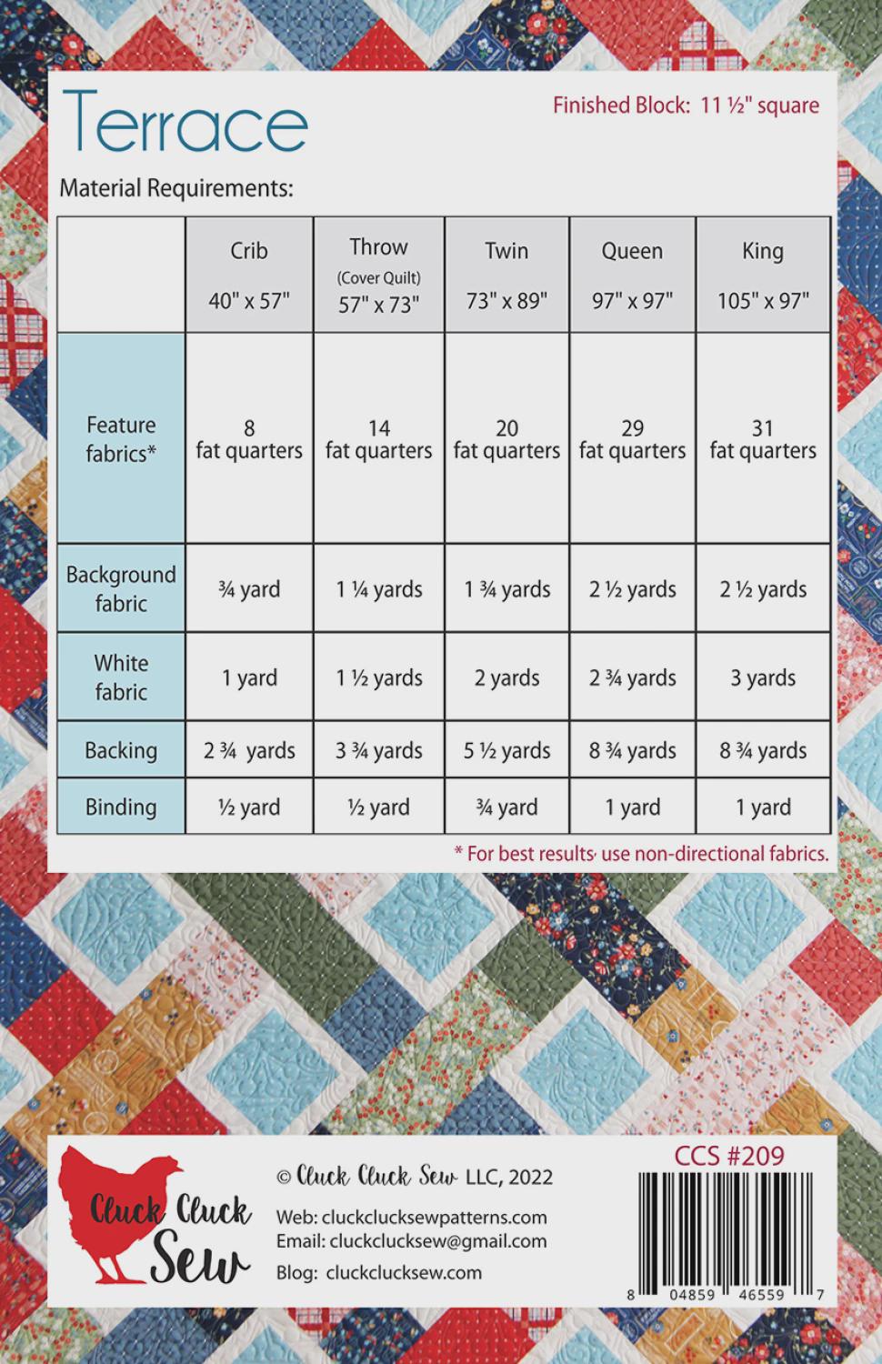 Cluck Cluck Sew - Terrace Quilt Pattern - Fat Quarter friendly in 5 sizes