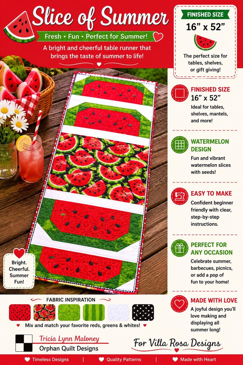 Watermelon Quilt Pattern – Slice of Summer Table Runner, Villa Rosa Designs
