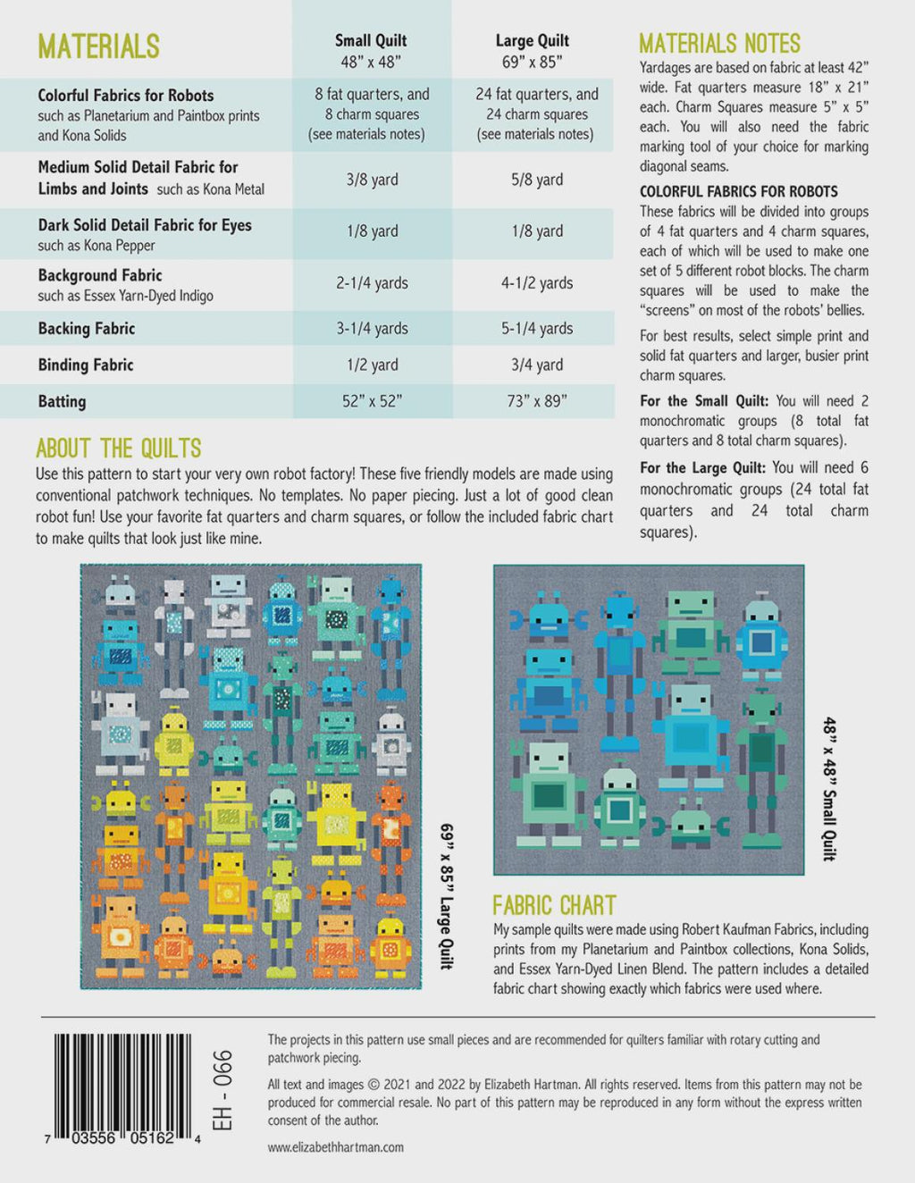 Elizabeth Hartman - Robots quilt - Quilt pattern EH 066 chart - NEW - 2 sizes - Modern - boy - man -