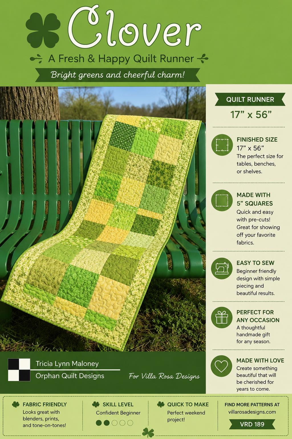 Clover Quilt Pattern - St Patricks Day Table Runner Quilt - Villa Rosa Designs - easy beginner