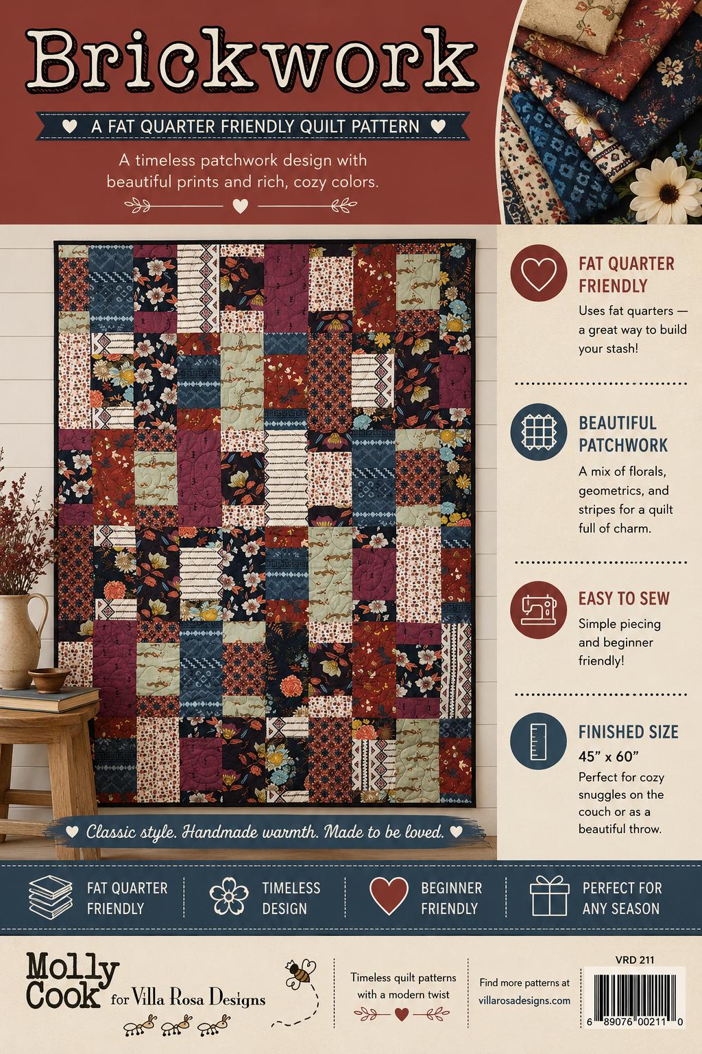 Brickwork Quilt Pattern – Scrappy Patchwork Lap Quilt by Villa Rosa Designs