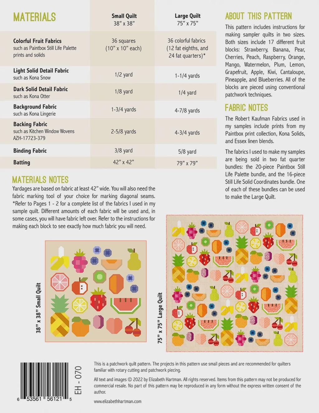 Elizabeth Hartman - The Produce section quilt - Quilt pattern EH 070 chart - NEW - 2 sizes - Modern - fruit store