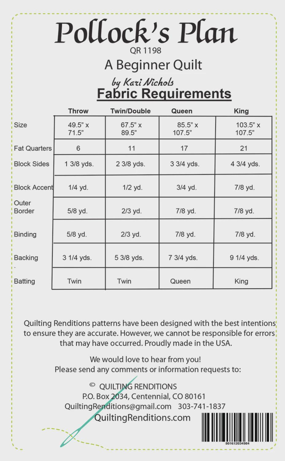 Quilting Renditions - Pollocks Plan Quilt Pattern - Easy - Beginner