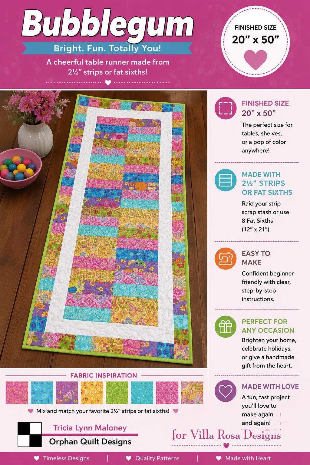 Bubblegum Quilt Pattern - Bright Scrappy Table Runner Quilt - Villa Rosa Designs - easy beginner