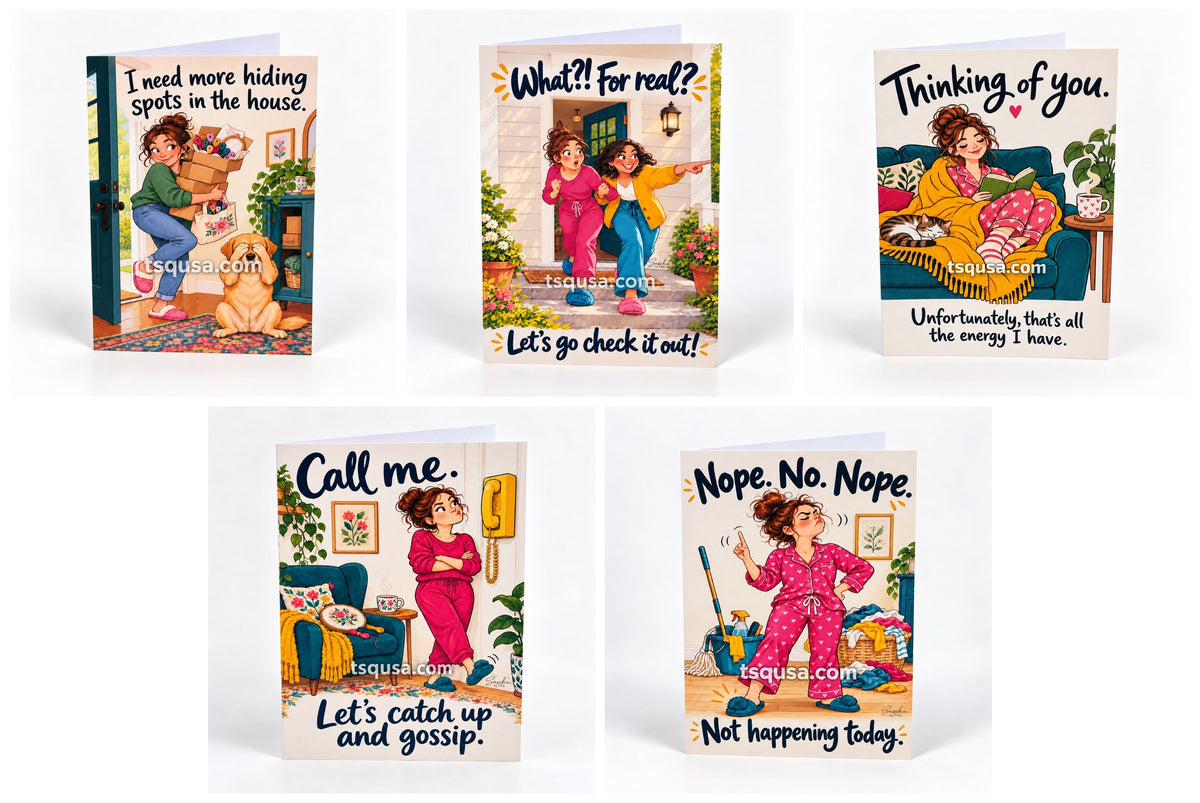 Set of 5 funny illustrated greeting cards standing on a white background, all designs by Sascha by TSQ — view 2