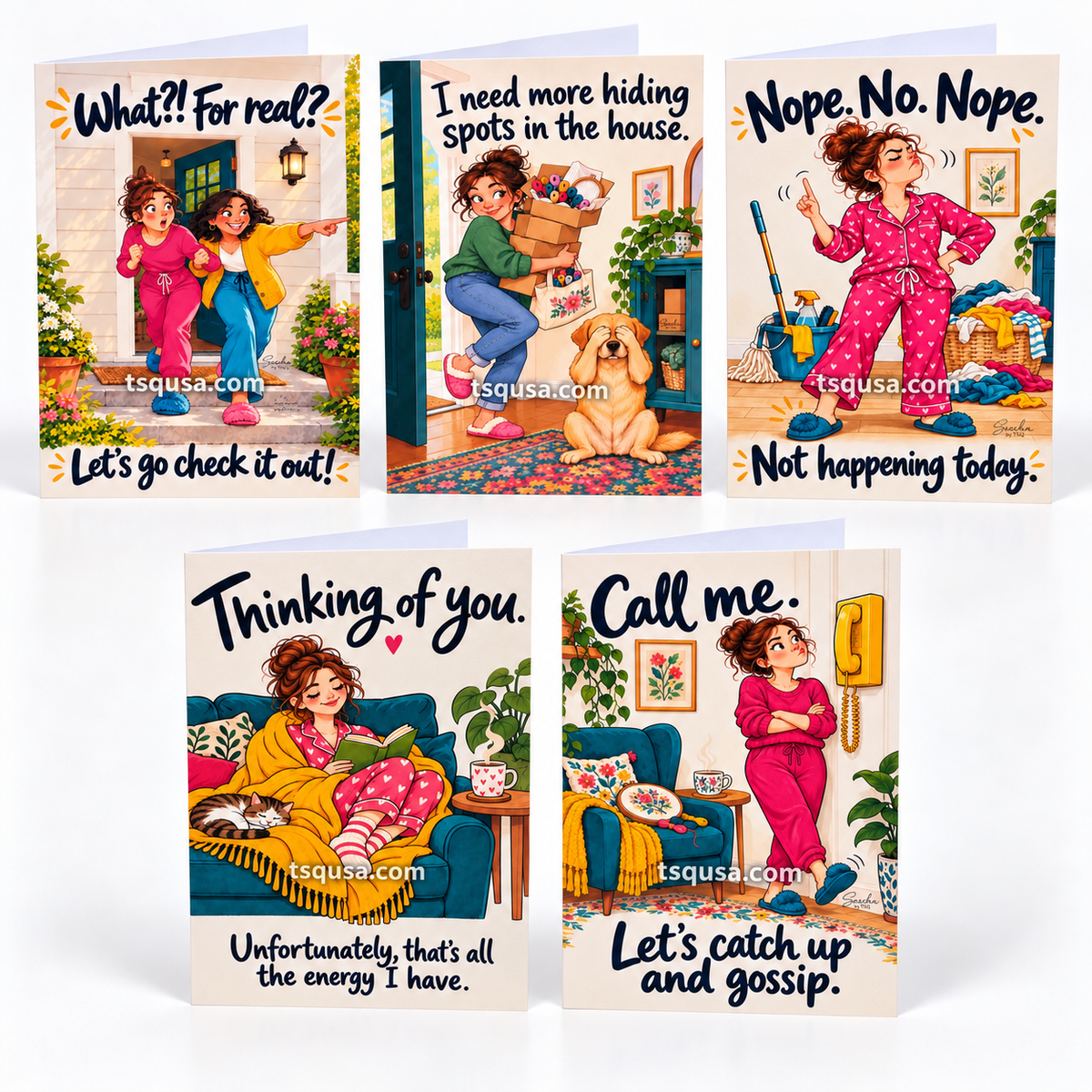 Set of 5 funny illustrated greeting cards standing on a white background, all designs by Sascha by TSQ