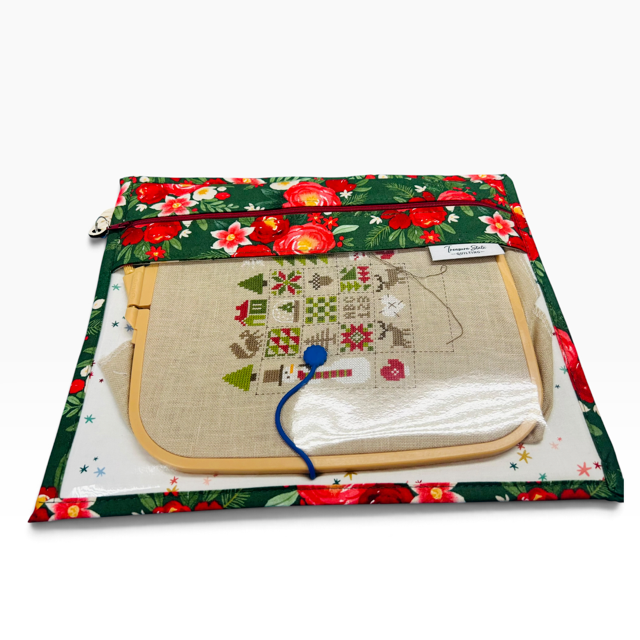 Handmade cross stitch project bag with clear vinyl window, Poinsettia Christmas Red Stars print — alternate angle
