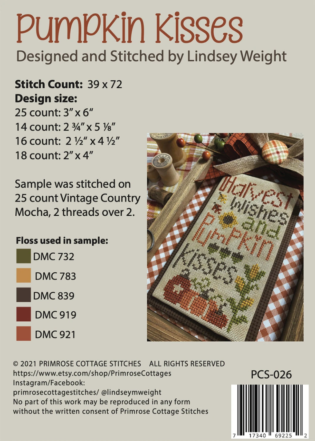 Pumpkin Kisses Cross Stitch Pattern | Primrose Cottage Stitches | Printed Paper Chart | Fall Cross Stitch | Pumpkin Pillow Pattern