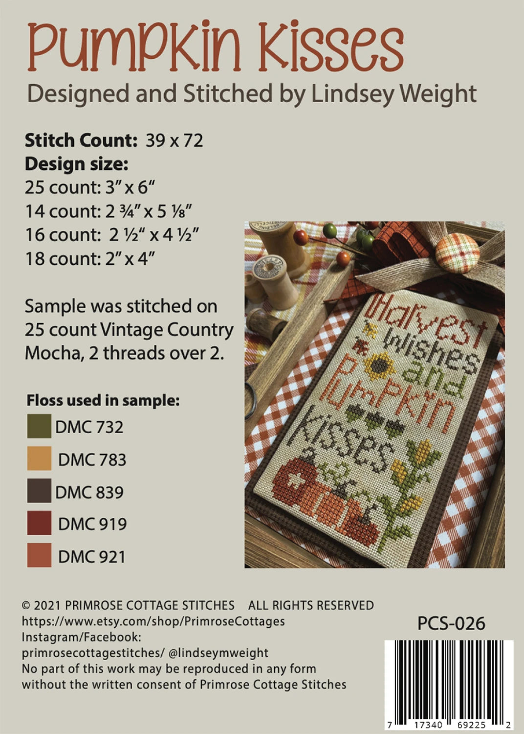 Pumpkin Kisses Cross Stitch Pattern | Primrose Cottage Stitches | Printed Paper Chart | Fall Cross Stitch | Pumpkin Pillow Pattern