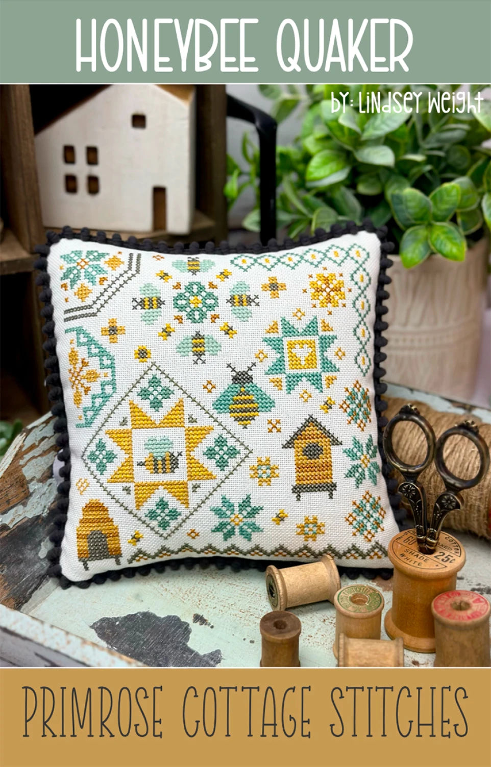Honeybee Quaker Cross Stitch Pattern | Primrose Cottage Stitches | Printed Paper Chart | Bee Sampler | Farmhouse Decor | Confident Beginner