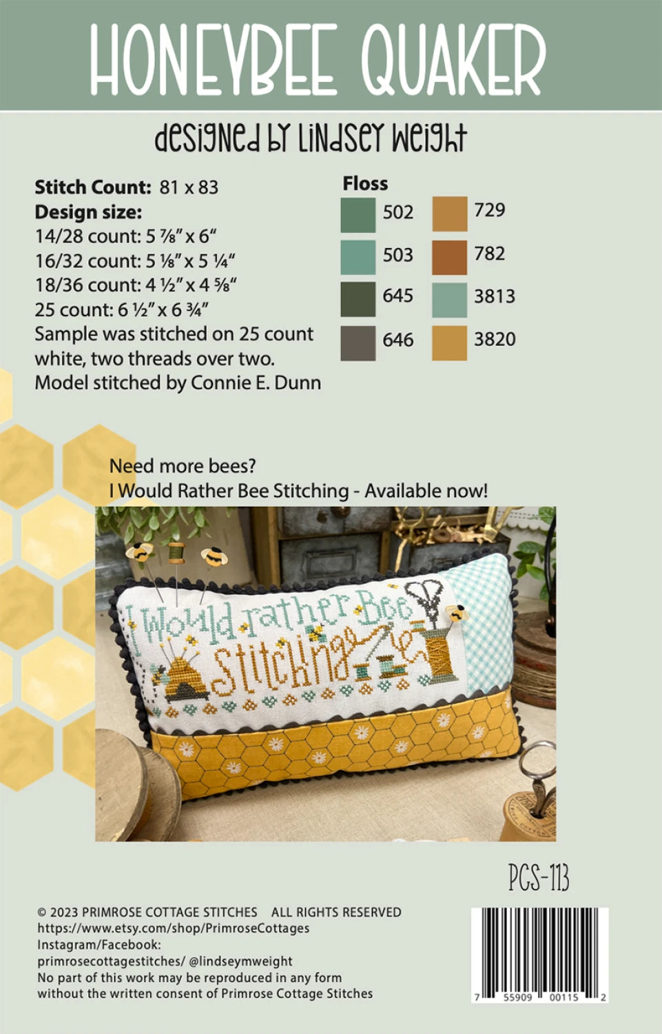 Honeybee Quaker Cross Stitch Pattern | Primrose Cottage Stitches | Printed Paper Chart | Bee Sampler | Farmhouse Decor | Confident Beginner