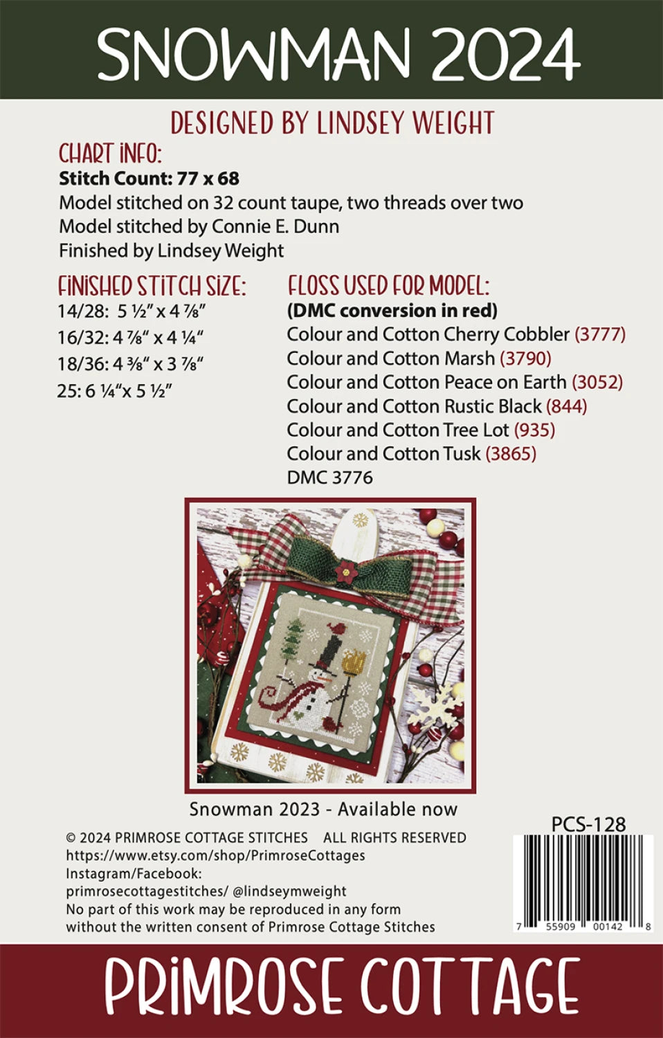 Snowman 2024 Cross Stitch Pattern | Primrose Cottage Stitches | Printed Paper Chart | Winter Sampler | Confident Beginner