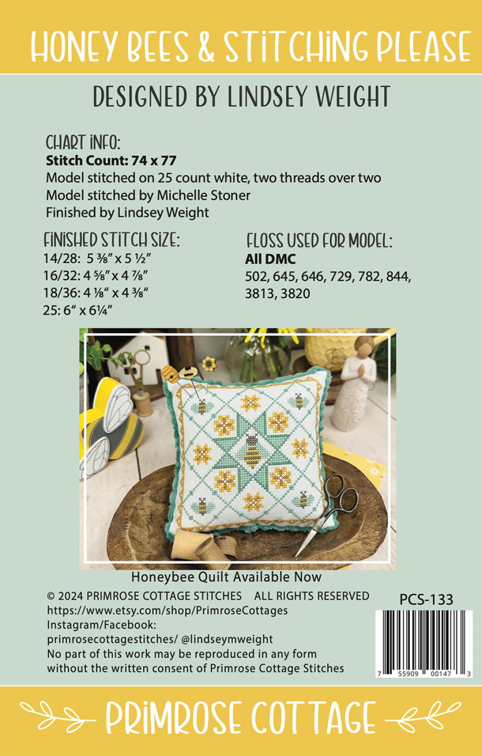 Honey Bees & Stitching Please Cross Stitch Pattern | Primrose Cottage Stitches | Printed Paper Chart | Bee Sampler | Farmhouse Decor | Confident Beginner