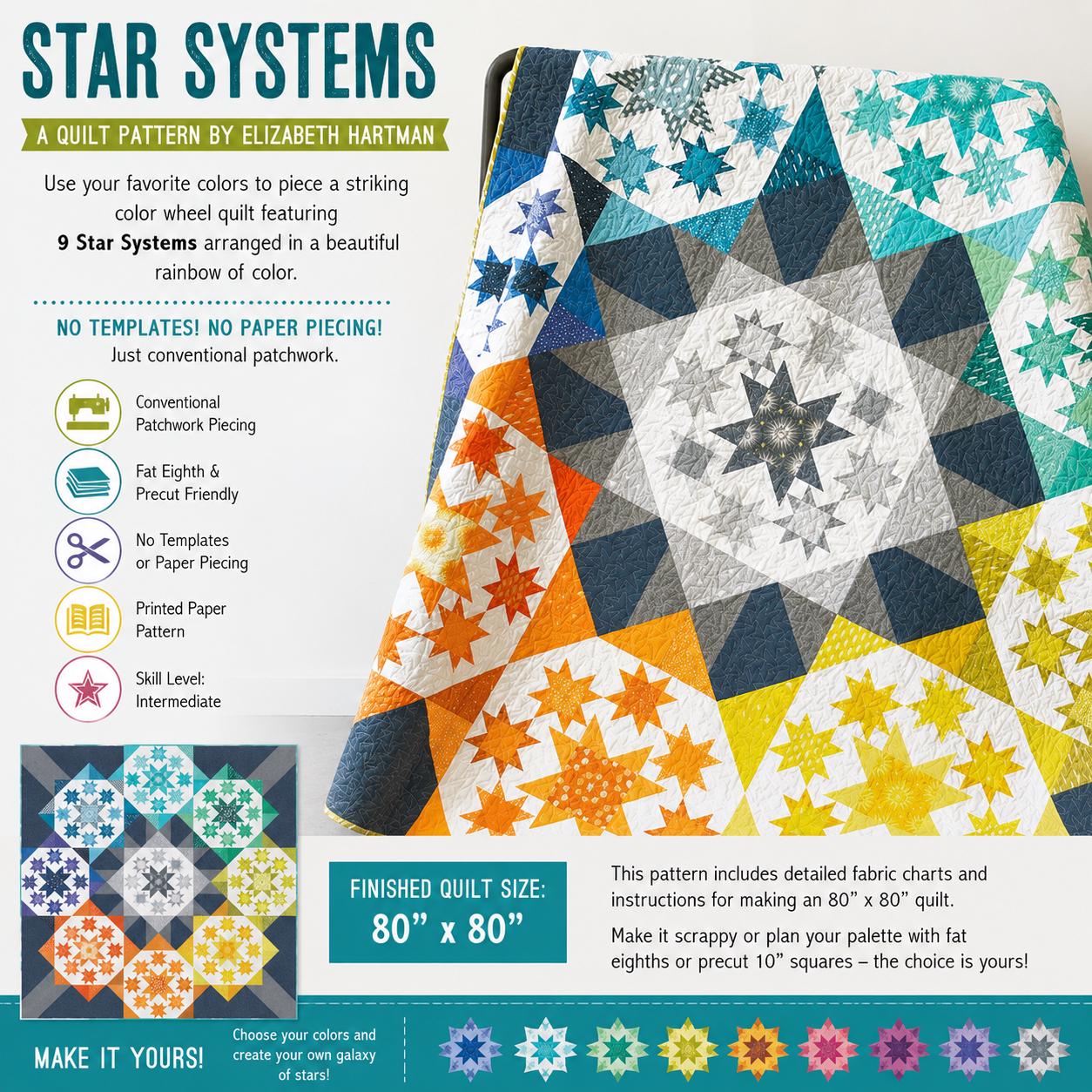 Elizabeth Hartman - Star Systems quilt - Quilt pattern EH 067 chart - queen size - Modern