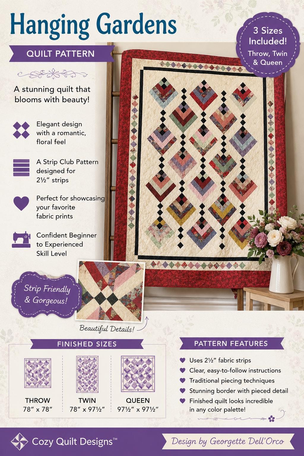 Cozy Quilt Designs - Hanging Gardens Quilt Pattern - jelly roll friendly in 3 sizes - Beginner