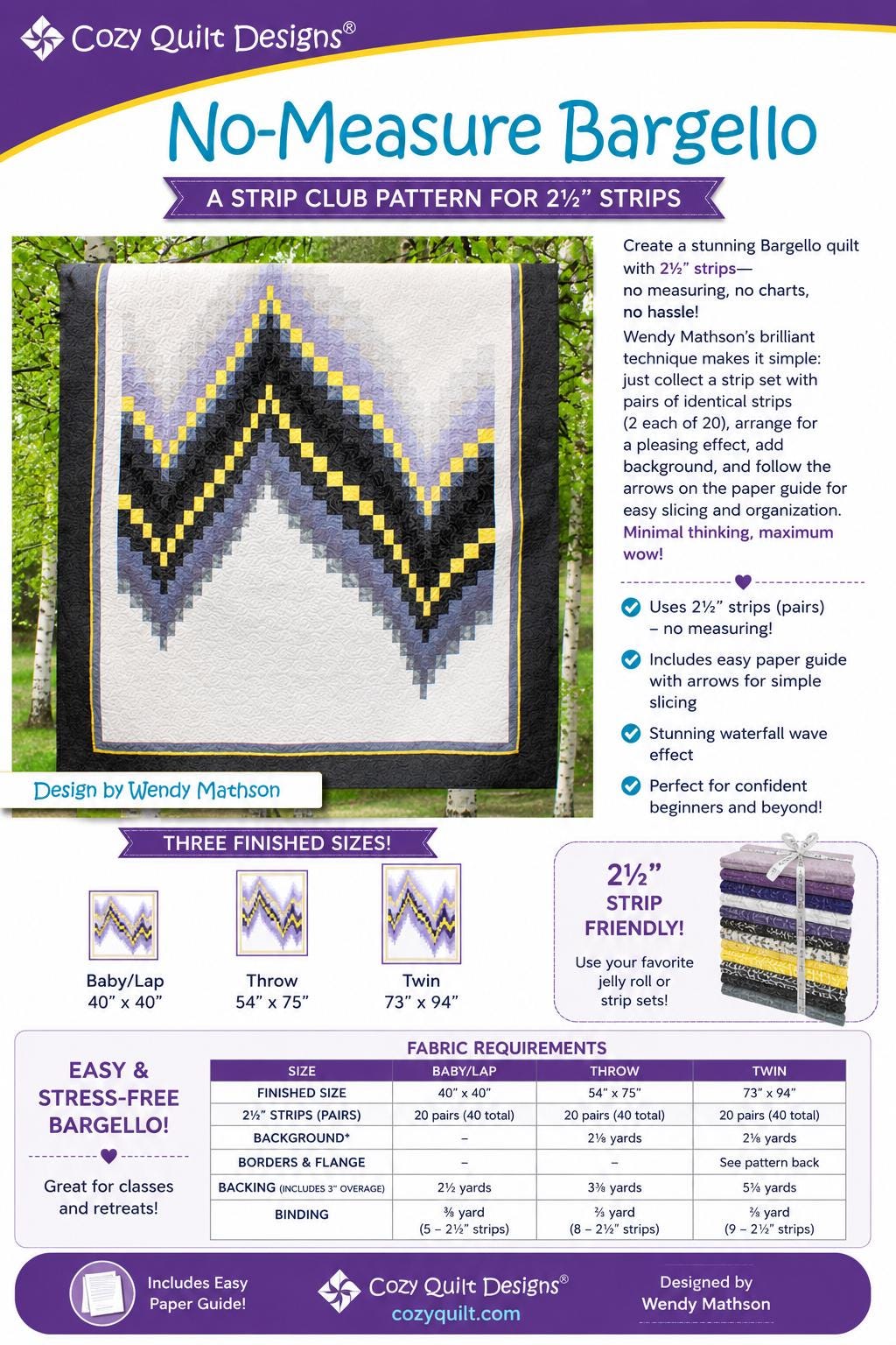 Cozy Quilt Designs - No Measure Bargello Quilt Pattern - jelly roll friendly in 3 sizes - Beginner