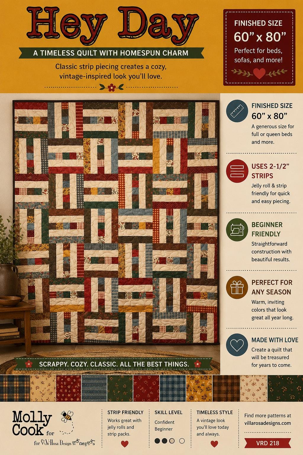 Hey Day Quilt Pattern - Scrappy Modern Quilt - Villa Rosa Designs - easy beginner - Molly Cook