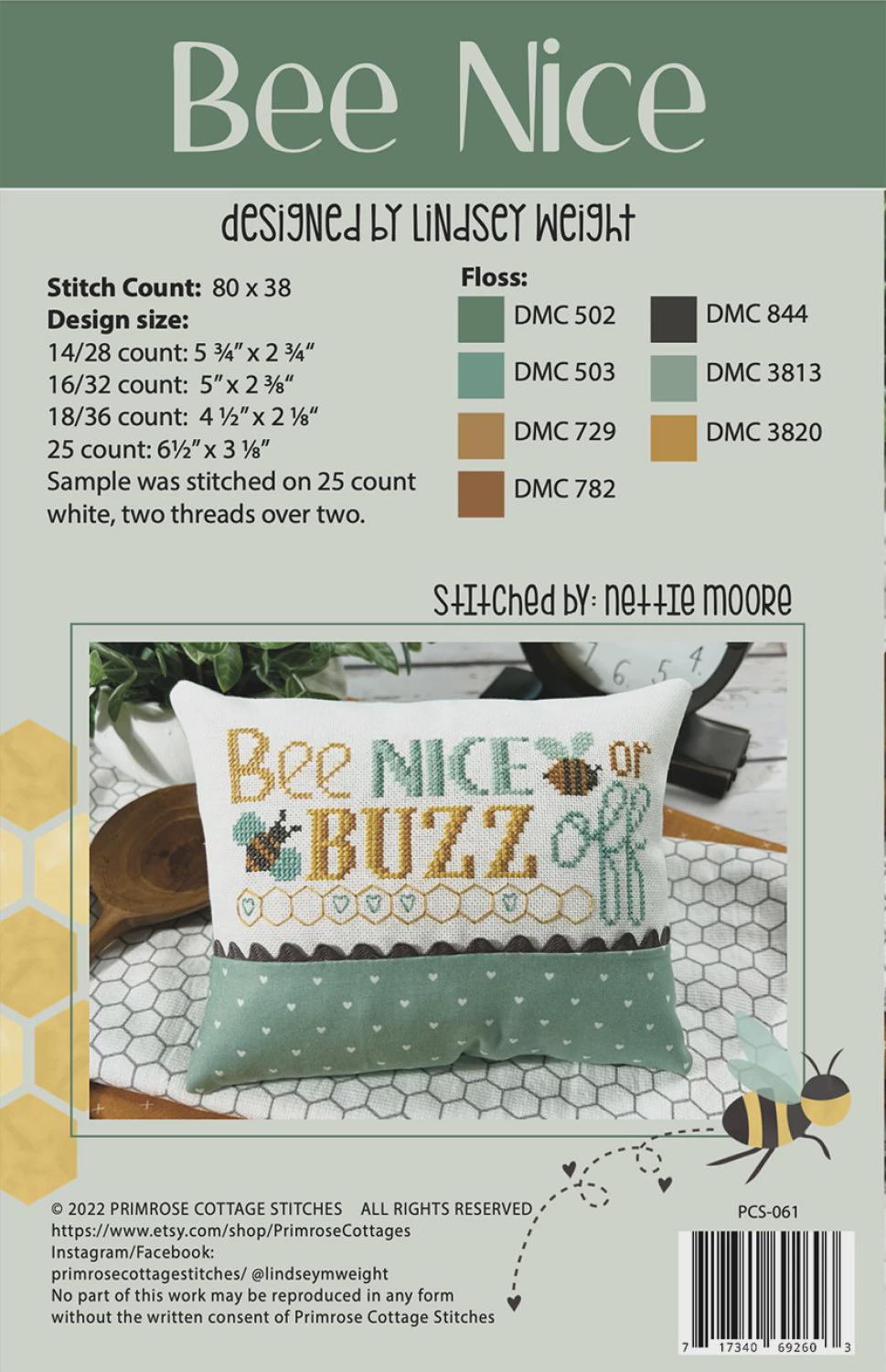 Bee Nice Cross Stitch Pattern | Printed Paper Pattern | Primrose Cottage Stitches | Bee Sampler | Farmhouse Decor | Beginner