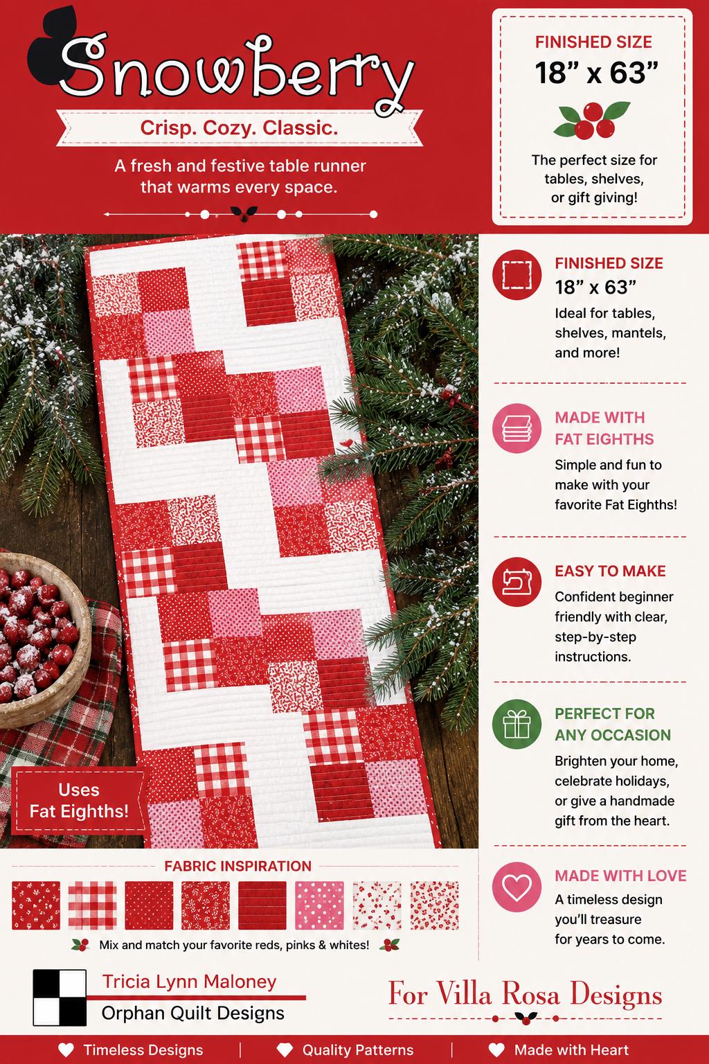 Snowberry Quilt Pattern - Modern Christmas Table Runner Quilt - Villa Rosa Designs - easy beginner