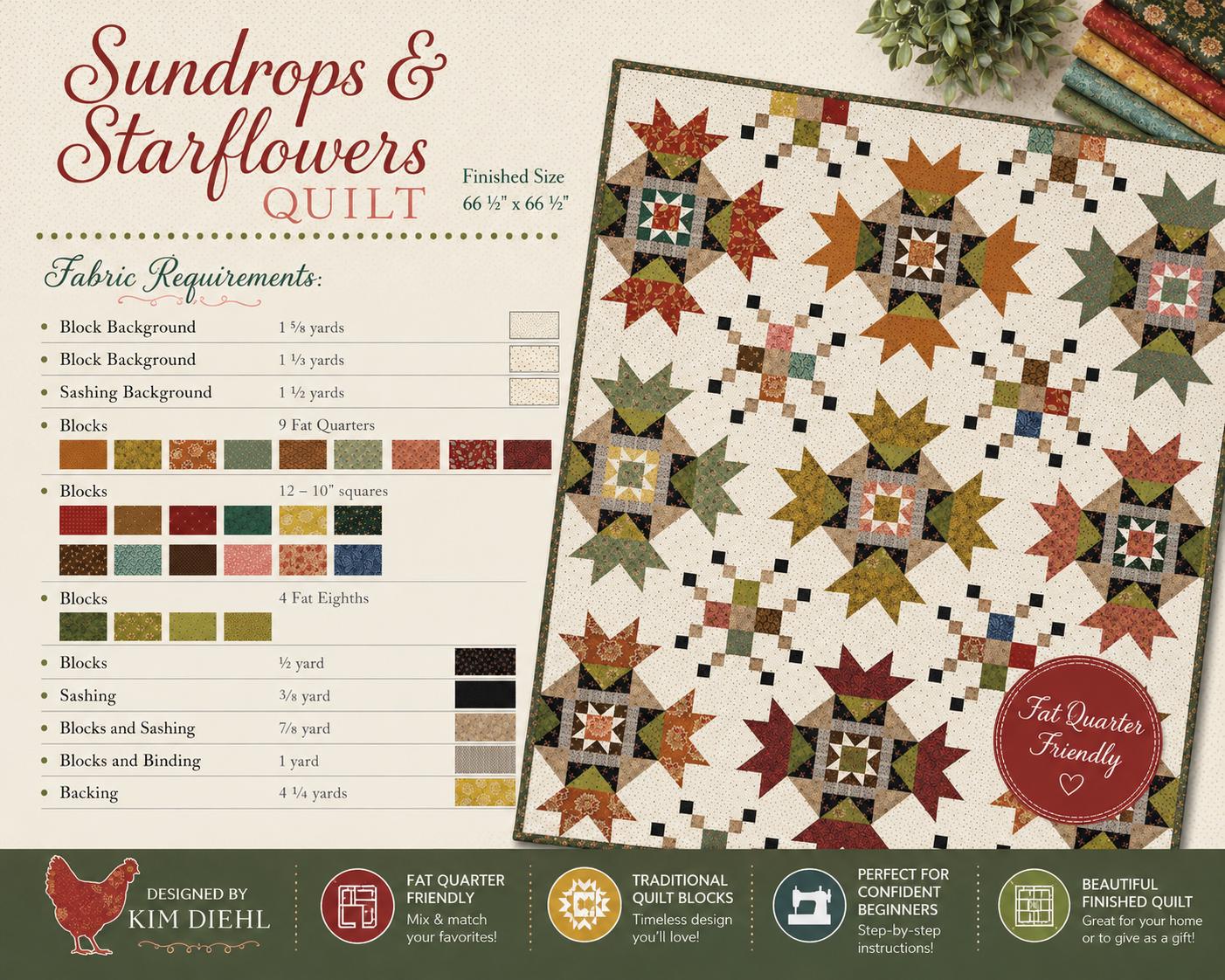 Kim Diehl - Sundrops and Starflowers quilt - Quilt pattern ISE 278 chart - 66.5" square - scrappy Primitive - beginner