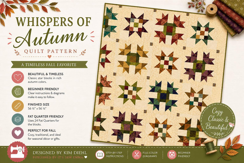 Kim Diehl - Whispers of Autumn quilt - Quilt pattern ISE 290 chart - NEW - 56.5" square - scrappy Primitive - beginner