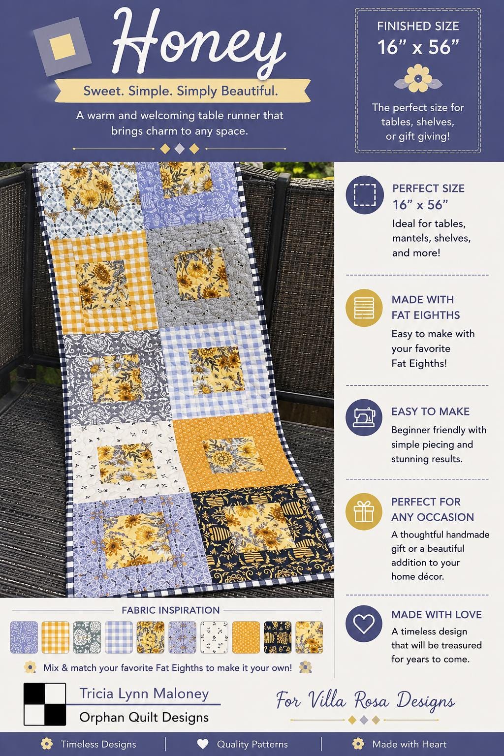 Honey Quilt Pattern -Warm Scrappy Table Runner Quilt - Villa Rosa Designs - easy beginner