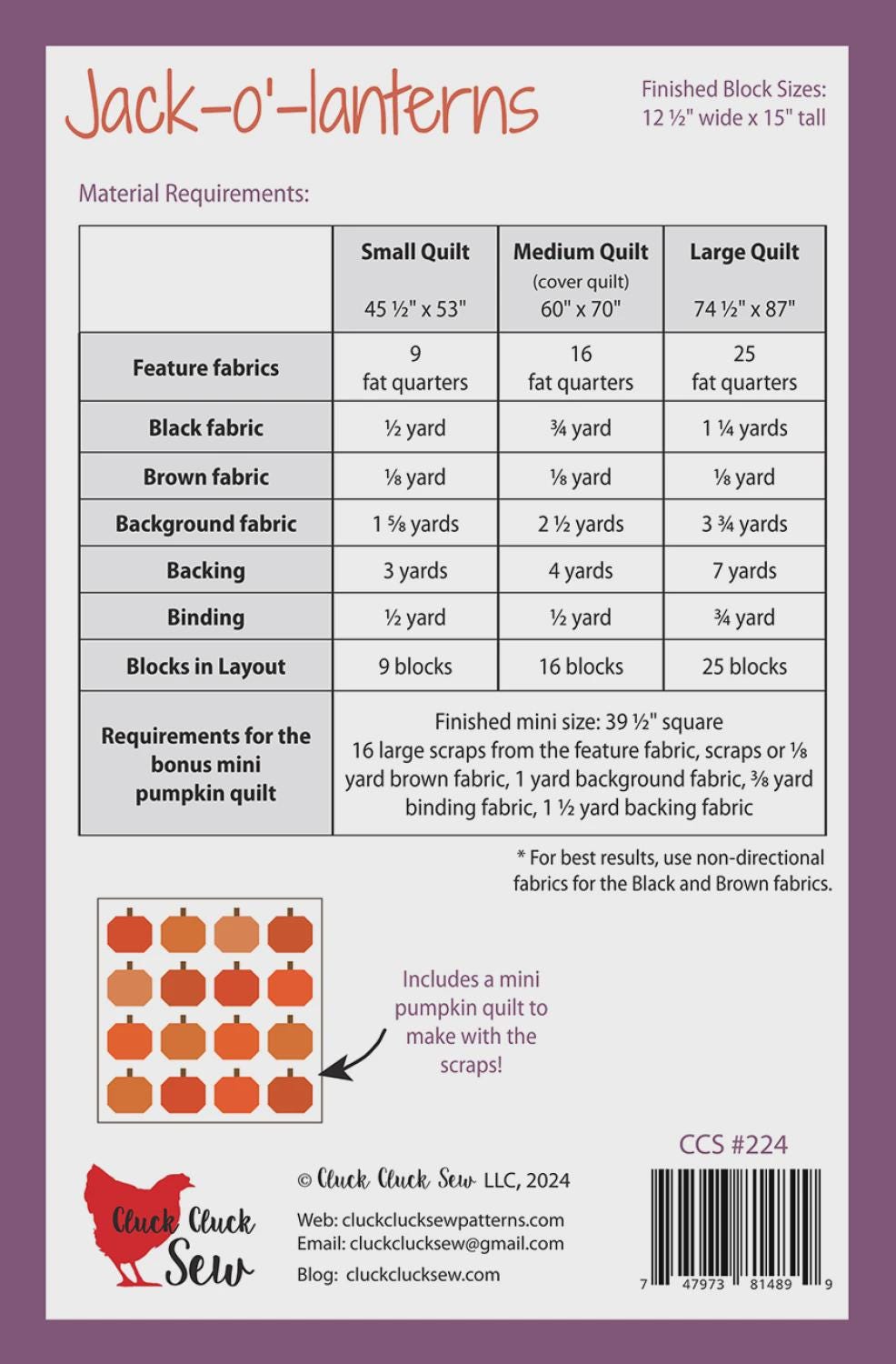 Cluck Cluck Sew - Jack o Lanterns Quilt Pattern - Fat Quarter friendly in 3 sizes