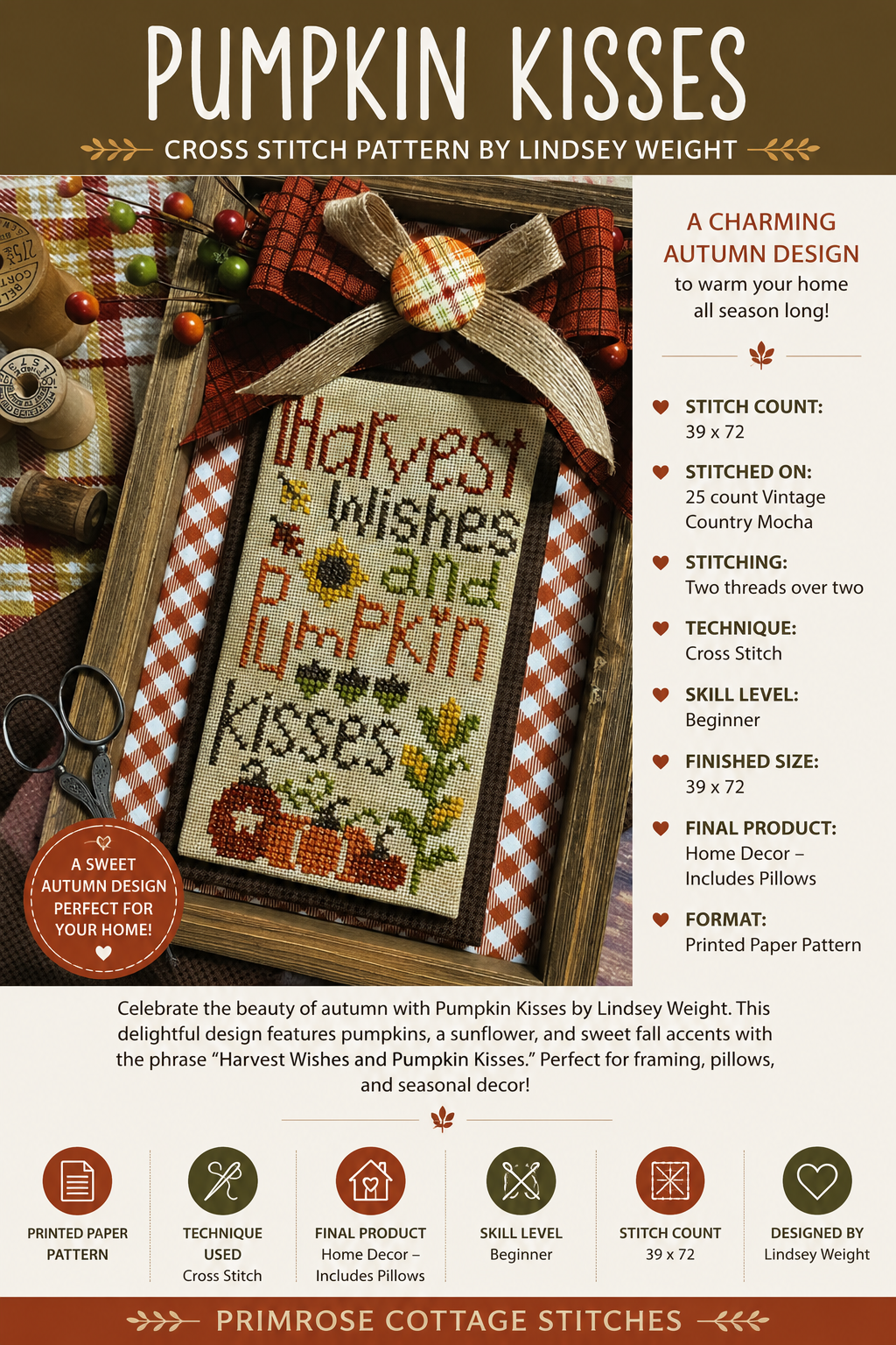 Pumpkin Kisses Cross Stitch Pattern | Primrose Cottage Stitches | Printed Paper Chart | Fall Cross Stitch | Pumpkin Pillow Pattern