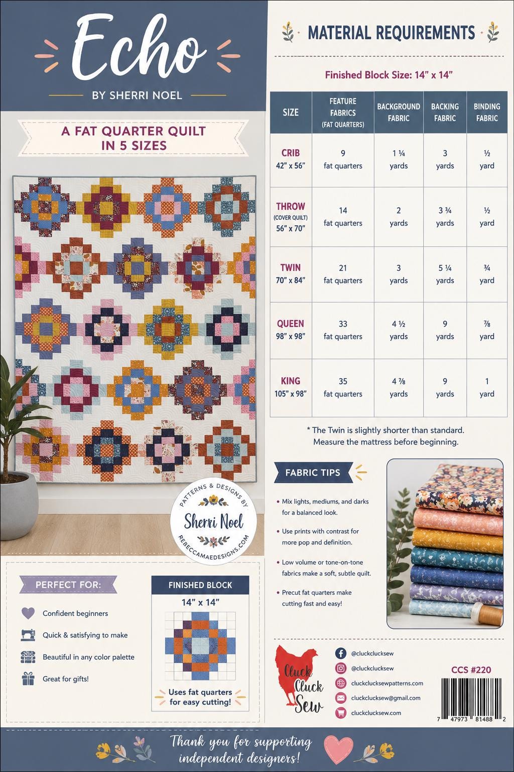 Cluck Cluck Sew - Echo Quilt Pattern - Fat Quarter friendly - in 5 sizes - Modern