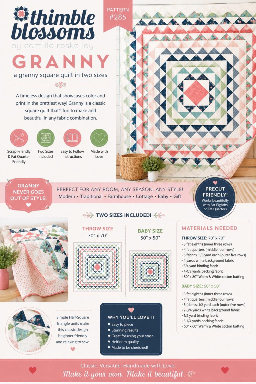 Thimble Blossoms - Camille Roskelly - Granny Quilt pattern #285 chart - NEW - 2 sizes throw baby