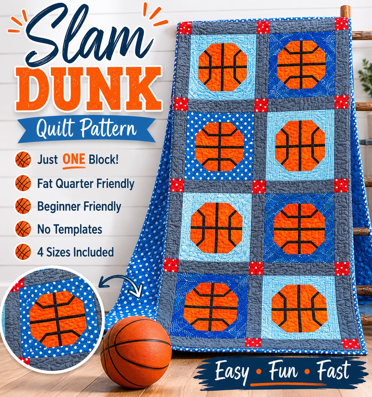 Cluck Cluck Sew - Slam Dunk Quilt Pattern - Basket ball - in 3 sizes