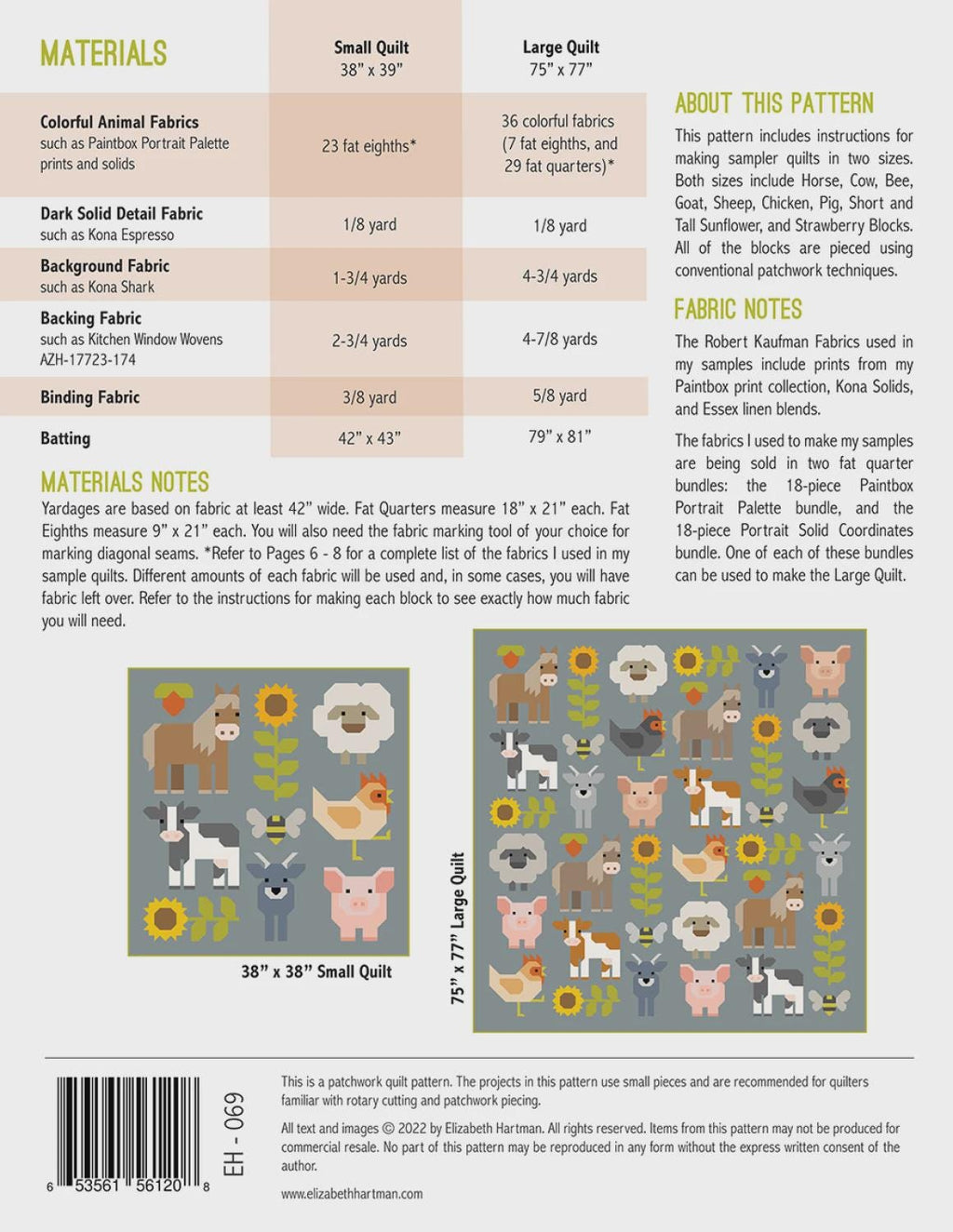 Elizabeth Hartman Fab Farm Quilt Pattern – Patchwork Farm Animals, Two Sizes (Printed Paper)
