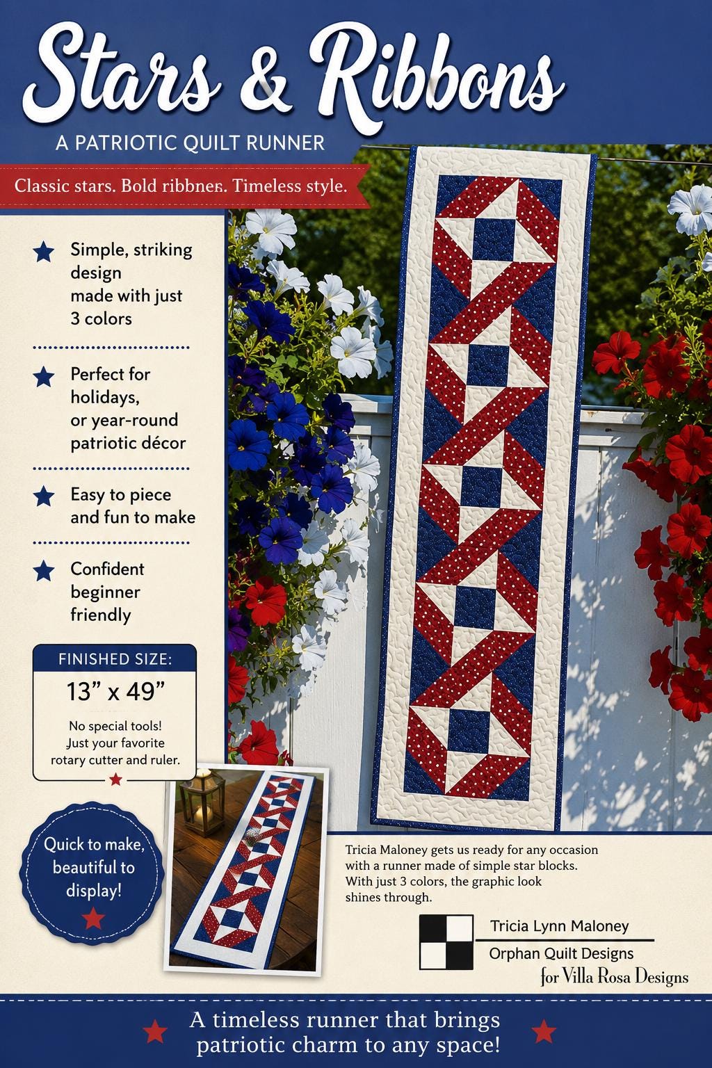Stars and Ribbons Quilt Pattern - Patriotic Table Runner Quilt - Villa Rosa Designs - Easy Beginner